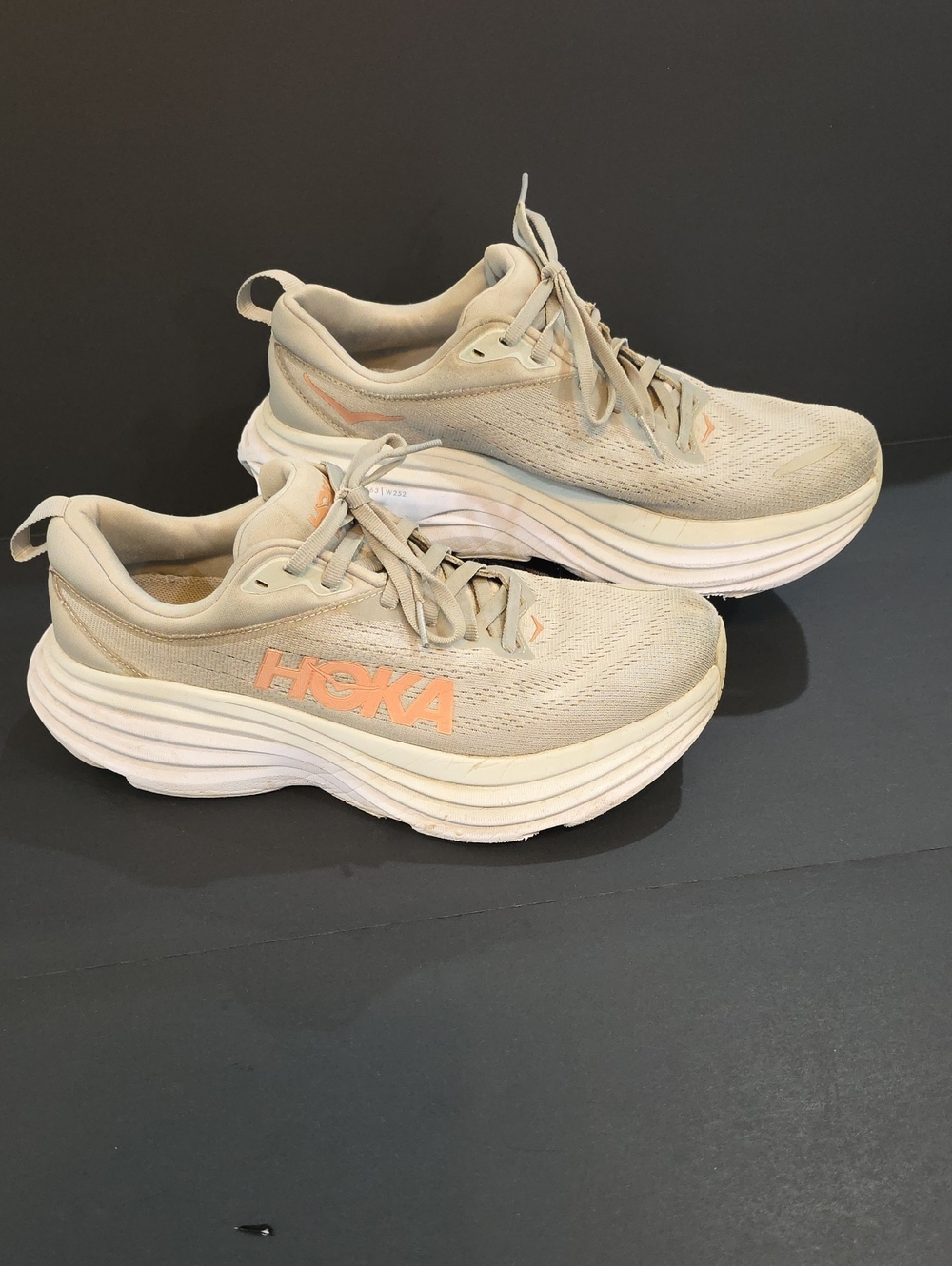 Hoka Bondi 8 Women's Beige Sneakers with Peach Logo Size 9.5